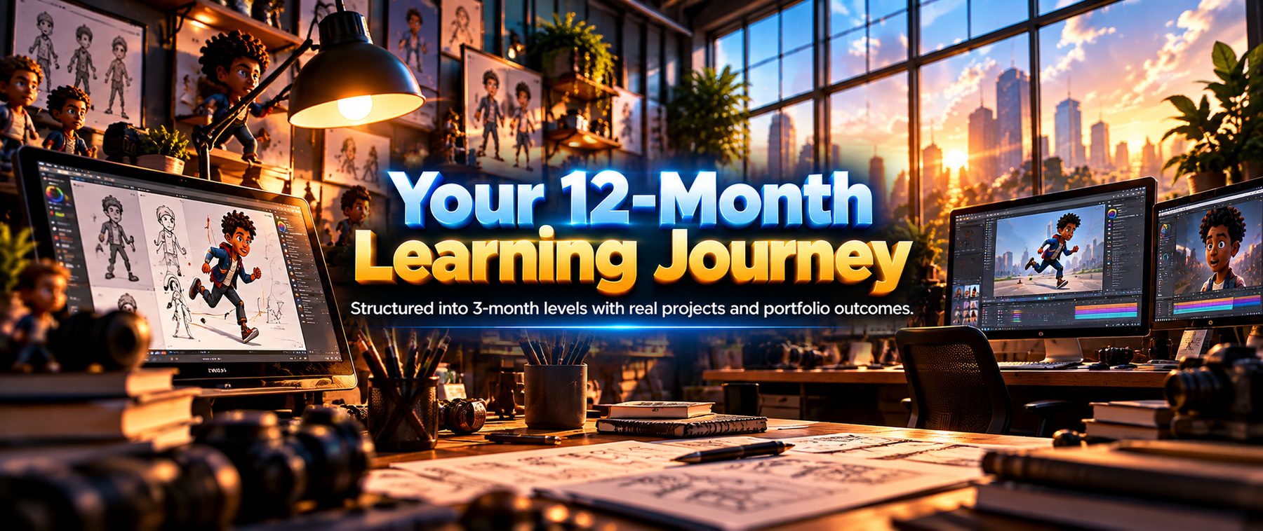 Your 12-month learning journey — structured into 3-month levels with real projects and portfolio outcomes